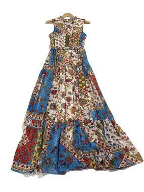 Calvin Klein Women's Sleeveless Patchwork Maxi Dress,34" Blue Red Floral Print